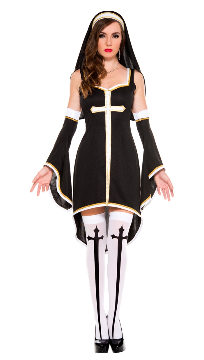 Auburn Nun wearing White Opaque Stockings and Black Short Dress